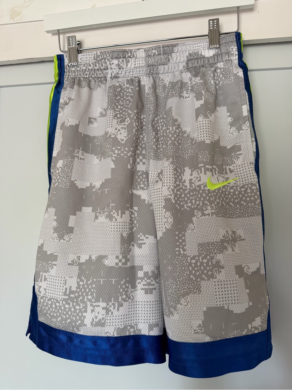 Nike Boys Gray Digital Camo Shorts with Blue and Neon Accent